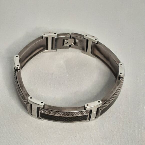 Heavy Duty Steel Bracelet And Black Long Panel Links Fold Over Clasp - Picture 5 of 7